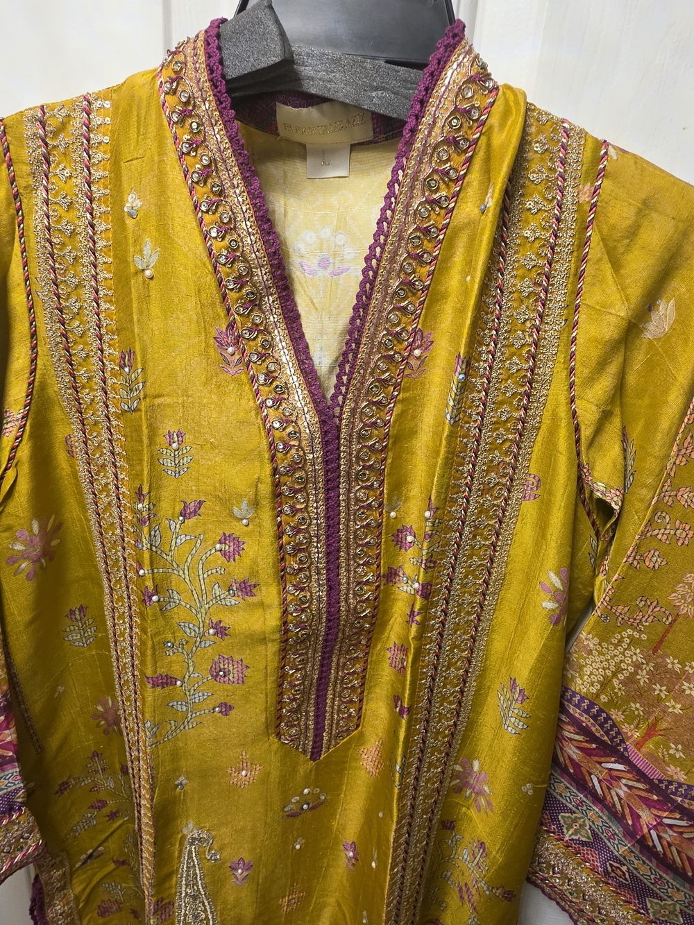 Women's Embroidered V-Neck Dress in Mustard with Pink Accents